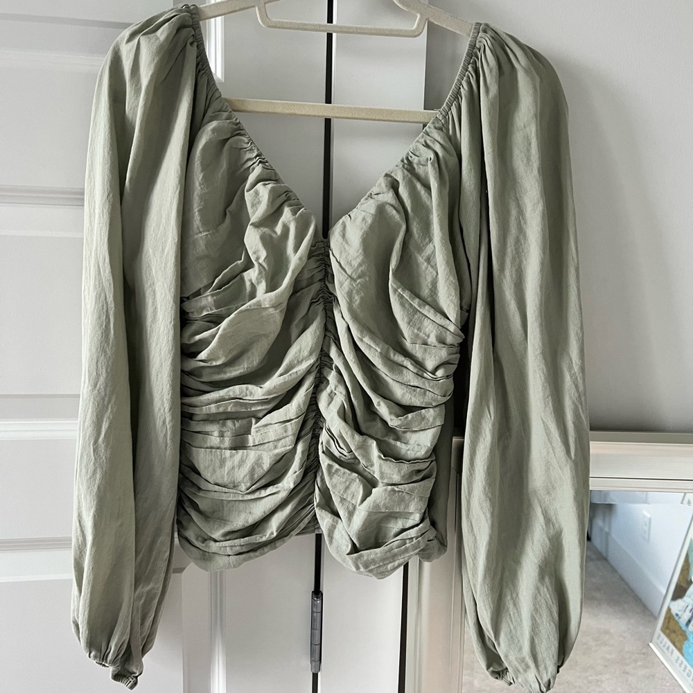 Abercrombie & Fitch Ruched Puff Sleeve Blouse in Sage Green